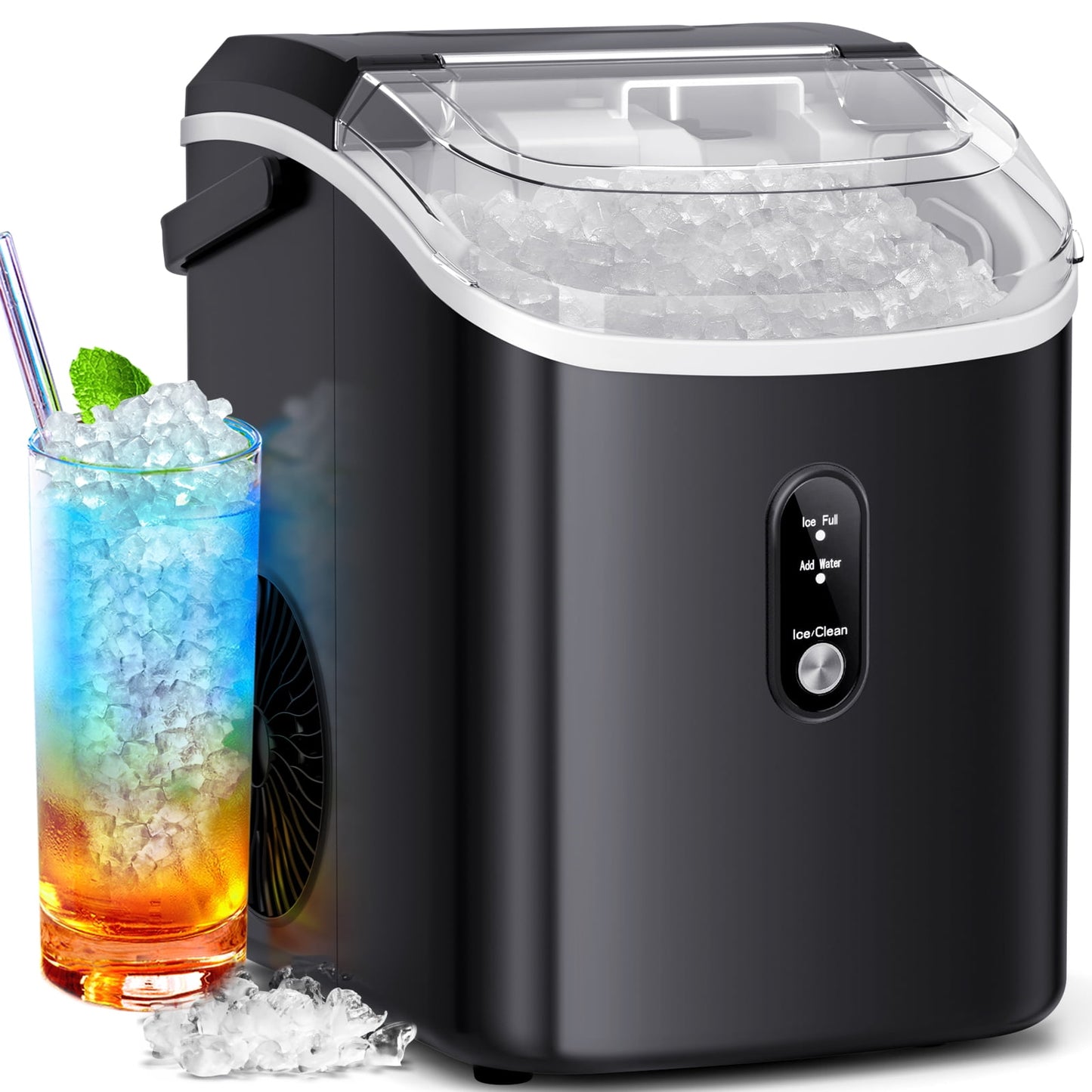 Auseo Nugget Ice Maker Countertop , 35lbs/24H, Self-Cleaning, Ice Basket & Ice Shovel & Handle, for Home/Office/Party, Black