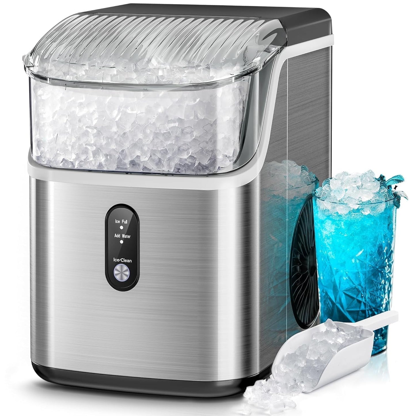 Auseo Nugget Ice Makers Countertop,Portable Ice Machine with Soft Ice , 35lbs/24h,Auto-Cleaning,One-Click Operation for Home Use,Silver