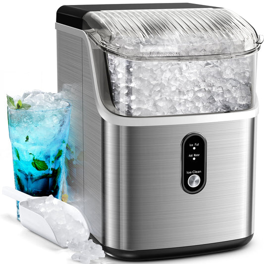 Auseo Nugget Ice Maker Countertop, Portable Ice Maker Machine with Self-Cleaning Function, 35lbs/24H, Home/Kitchen/Office, Stainless Steel Silver