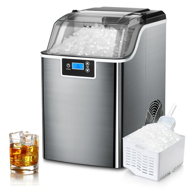 Auseo Nugget Ice Maker Countertop with Soft Chewable Pellet Ice, Self-Cleaning, LED Display, 44lbs/24H, Suitable for Home/Kitchen/Bar/Party - (Silver)