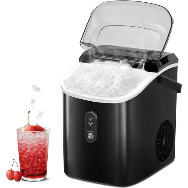 Auseo Nugget Ice Maker Countertop with Soft Chewable Pellet Ice, 33lbs/24H, Self-Cleaning Function, Stainless Steel, for Party/Kitchen/Office-Black