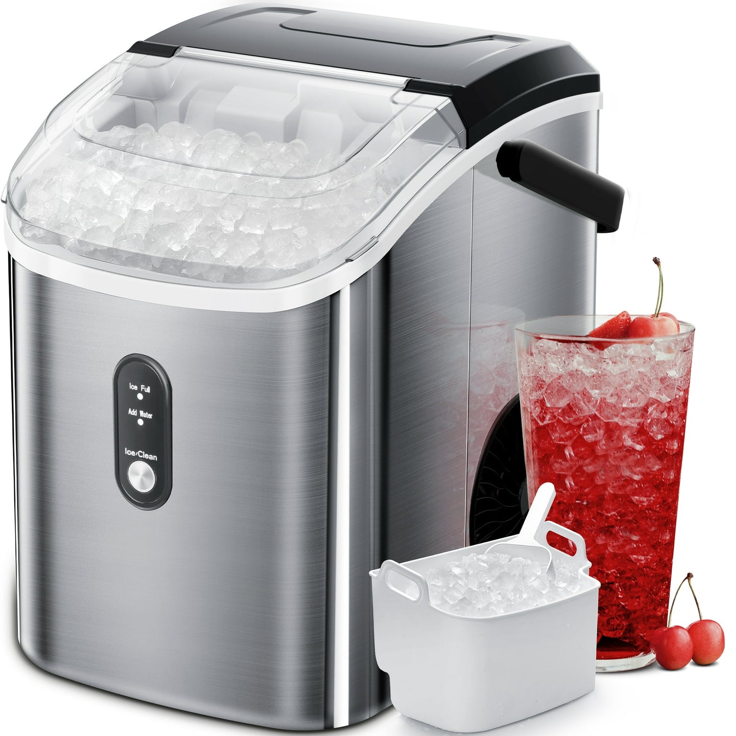 Auseo Nugget Ice Maker Countertop with Soft Chewable Pellet Ice, 33lbs/24H, Self-Cleaning Function, for Party/Kitchen/Office, Stainless Steel-Silver