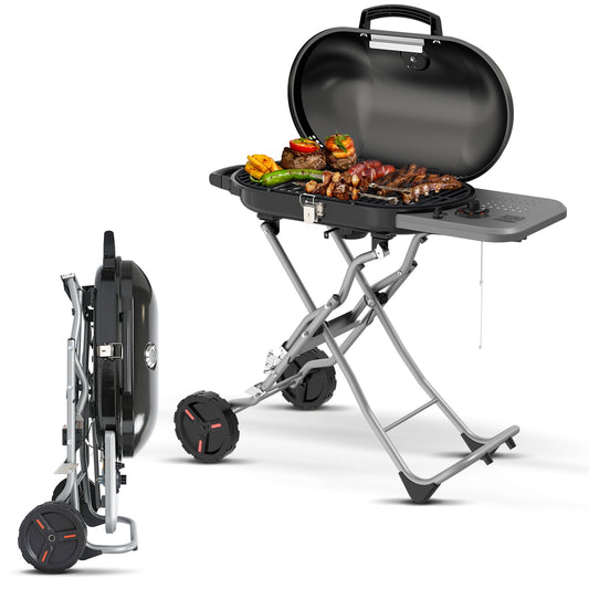 Auseo Portable 348 sq.in Stand-Up Propane Grill, 15000 BTU Folding Gas Grill Cart with Side Table & 2 Wheels for Camping, Patio