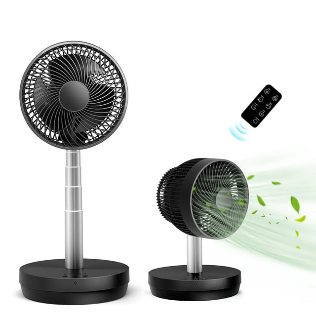 Auseo Portable Foldable Pedestal Fan- Rechargeable Battery Folding Standing Table Fan with 10 Speeds with Remote Control-Black