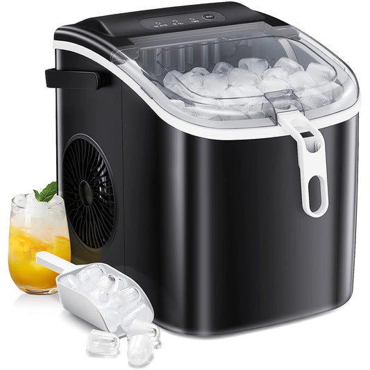 Auseo Countertop Ice Maker, 26lbs/24H, 9 Cubes in 6-12 Mins, Auto-Cleaning Portable with Basket and Scoop, Black