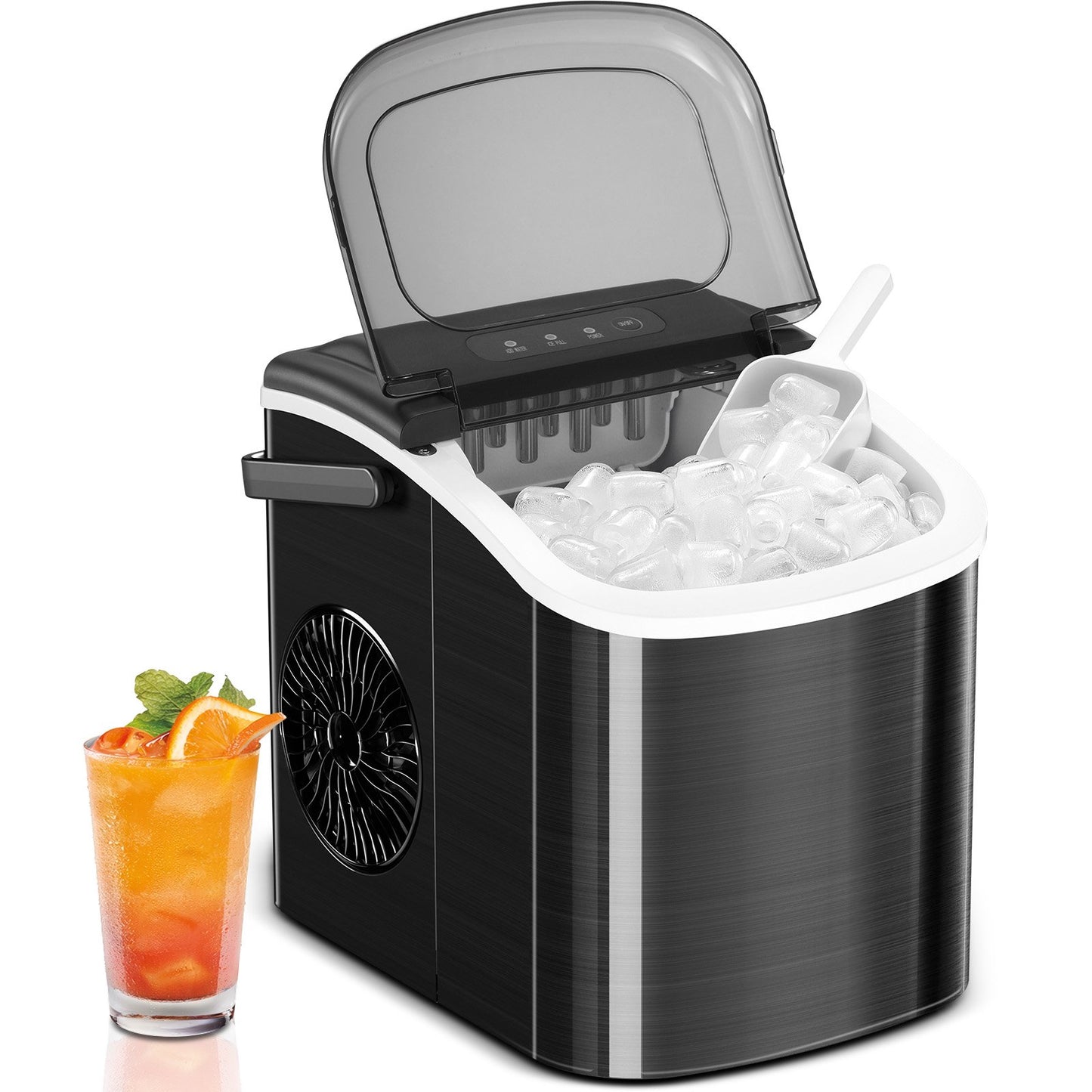 Auseo Portable Ice Maker Countertop, 9Pcs/8Mins, 26lbs/24H, Self-Cleaning Ice Machine with Handle for Kitchen/Office/Bar/Party, Stainless Steel Black