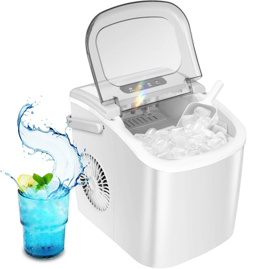 Auseo Portable Ice Maker Countertop, 9Pcs/8Mins, 26lbs/24H, Self-Cleaning Ice Machine with Handle for Kitchen/Office/Bar/Party(White)