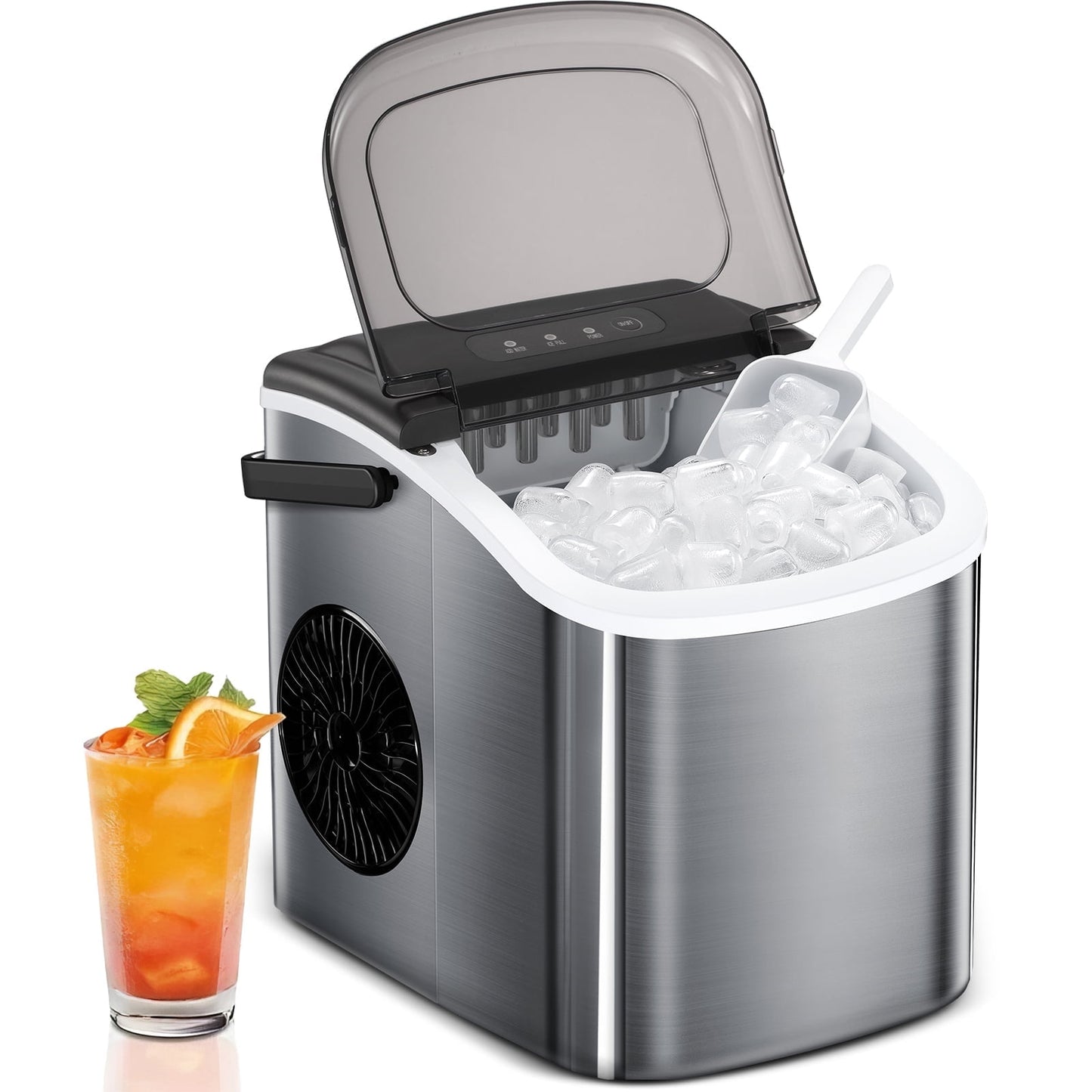 Auseo Portable Ice Maker Countertop, 26lbs/24H, 9Pcs/8Mins,Self-Cleaning w/ Handle for Kitchen/Office/Bar/Party, Stainless Steel