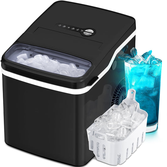 Auseo Portable Ice Maker Countertop, One-Click Operation Ice Makers with Ice Scoop and Basket, for Kitchen/Office/Bar/Party-Black