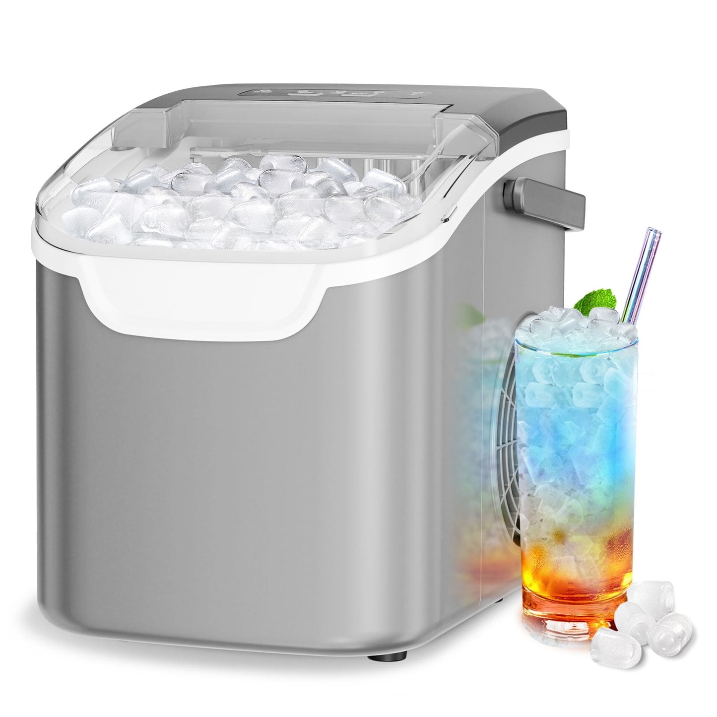 Auseo Portable Ice Maker Countertop, 8 Cubes Ready in 6 Mins, 2 Sizes of Bullet Ice Cubes, 26lbs in 24Hrs, Self-Cleaning Ice Machine with Handle, for Kitchen/Office/Bar/Party-Grey
