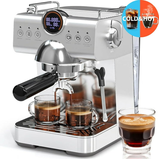 Auseo Pro Espresso Machine with Cold Brew & Milk Frother, 20-Bar Pressure Coffee Maker, Smart LED Display & Compact Stainless Steel Design for Lattes/Cappuccinos