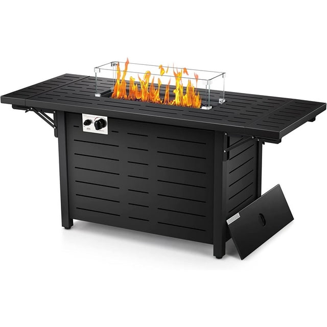 Auseo Propane Fire Pit Table 54in Foldable Table- Propane Fire Pit Table with Lava Rocks, Glass Wind Guard Steel Fire Pit Table for Picnic, 50000 BTU