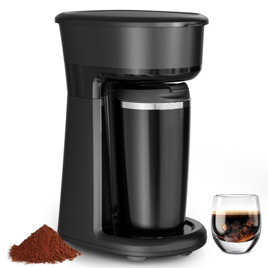 Auseo Single Serve Coffee Maker, Mini Coffee Machine with 14Oz Brew Sizes, Portable Coffee Maker with 14Oz Thermal Travel Mug, Single Cup Coffee Brewer, Reusable Filter, Black