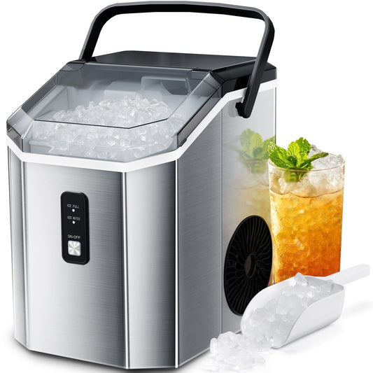 Auseo Stainless Steel Nugget Ice Maker Countertop with Soft Chewable Pellet Ice, 35lbs/24H with Portable Handle, Stainless Steel Silver