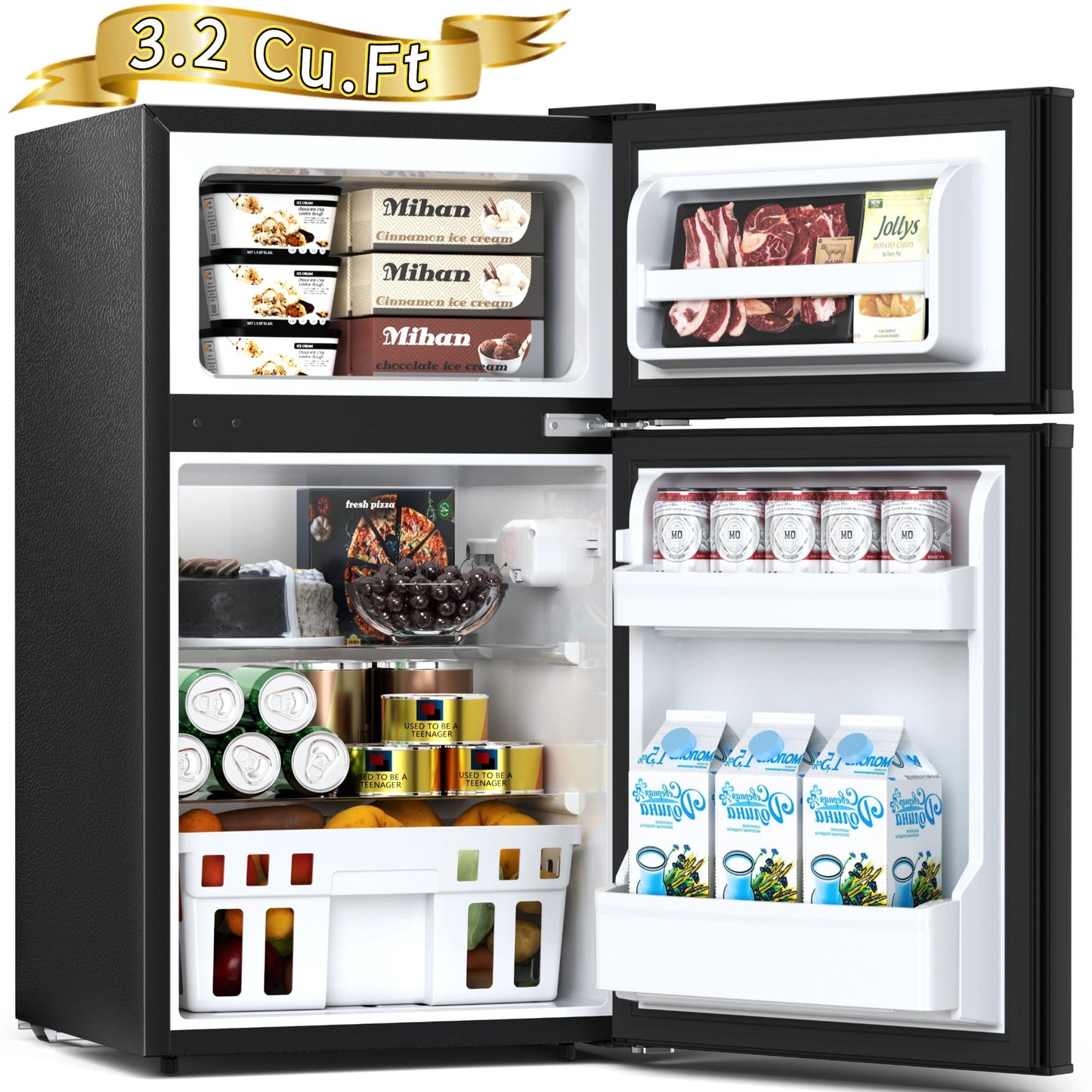 Auseo Two Door Mini Fridge 3.2 Cu.ft 115 Volt 60 Hz Low Noise Adjustable Temperature Suitable for Kitchen Living Room Office and Dormitory Black