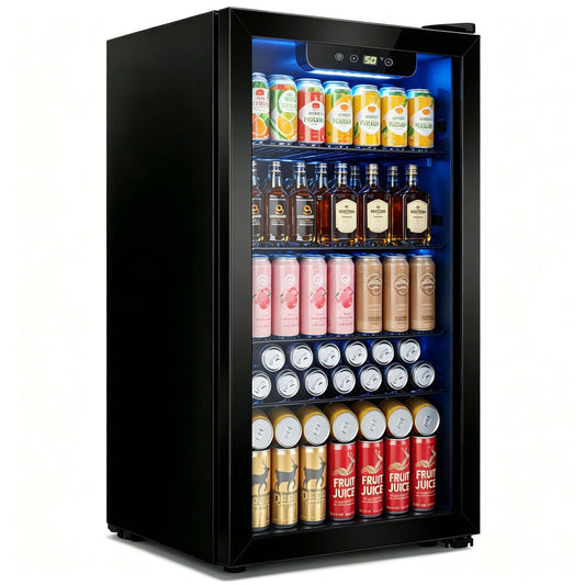 Auseo Mini Fridge 125 Can Beverage Refrigerator Cooler with Glass Door for Home, 17.91 in D, 31.1 in H, Black