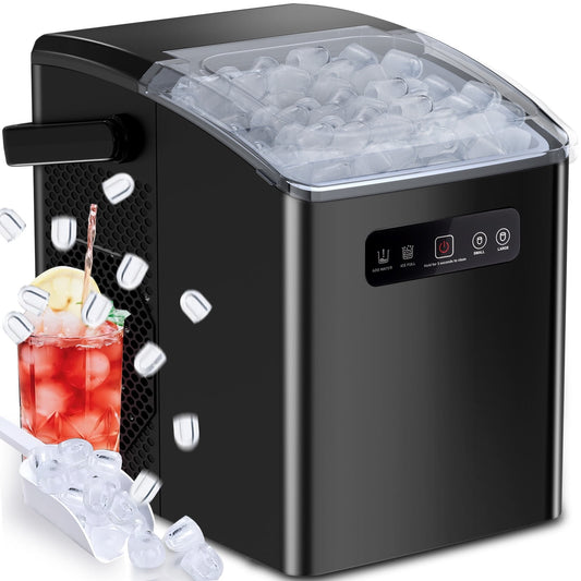 Auseo Countertop Portable Ice Maker, Self-Cleaning with Handle, Ice Scoop, 2 Sizes of Bullet Ice Cubes, for Home/Kitchen/Office-Black