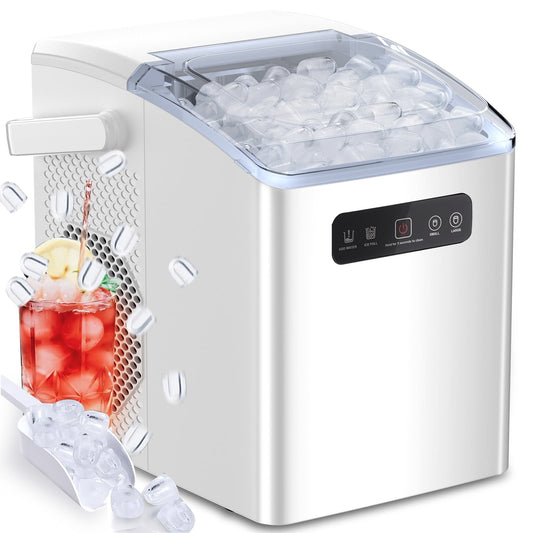 Countertop Portable Ice Maker, Self-Cleaning with Handle, Ice Scoop, 2 Sizes of Bullet Ice Cubes,for Home/Kitchen/Office-White