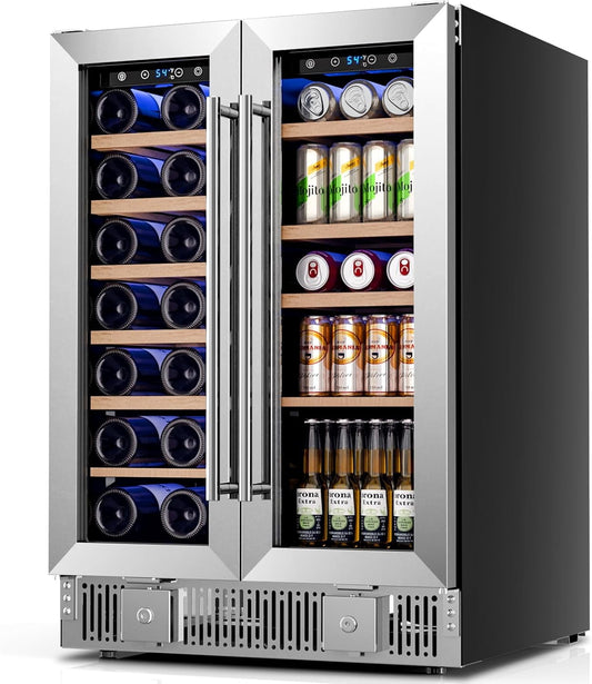 Auseo 24" Wine Cooler, 20 Bottle and 88 Cans Dual Zone Beverage Refrigerator with Glass Door, Built-in or Freestanding Wine/Beer/Beverage Fridge with Blue LED Light