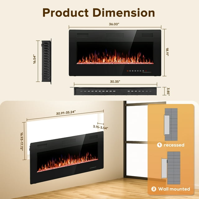 Auseo 36 inch Embedded Wall Mounted Indoor Electric Fireplace, Ultra-thin Low Noise Lightweight LED Fireplace Heater, Touch Screen, Timer, 1500W, Adjustable Flame Color and Speed, Black