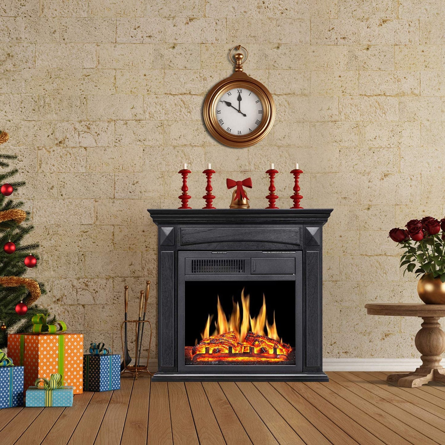 Auseo Wooden Electric Fireplace Mantel Surround Firebox, Freestanding Fireplace&750W/1500W(Black)