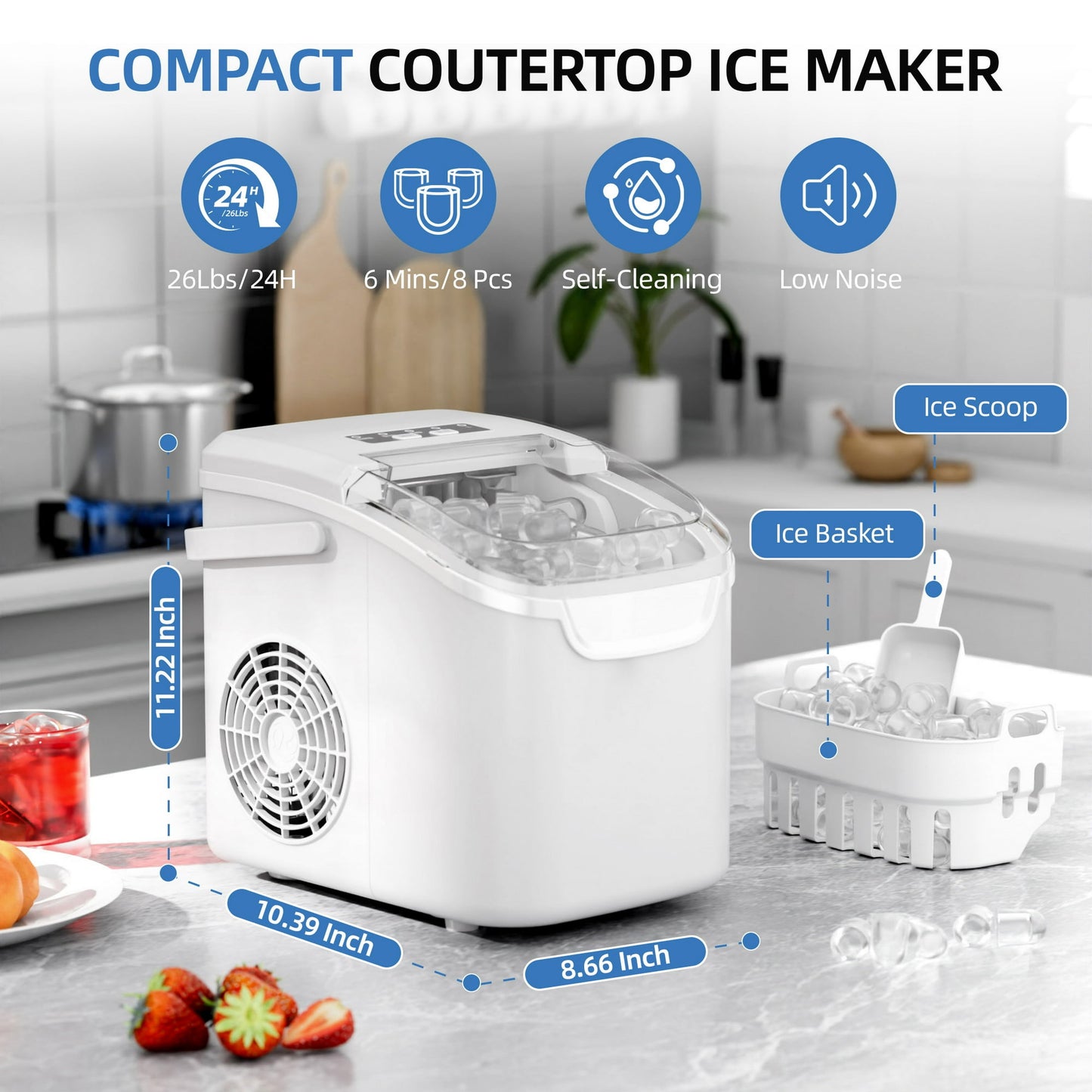 Auseo Countertop Ice Maker, 2 Sizes of Bullet Ice, 26Lbs/24H, 8 Ice Cubes in 6 Mins, Portable Ice Machine with Self-Cleaning for Home/Party/Travel/Camping (White)