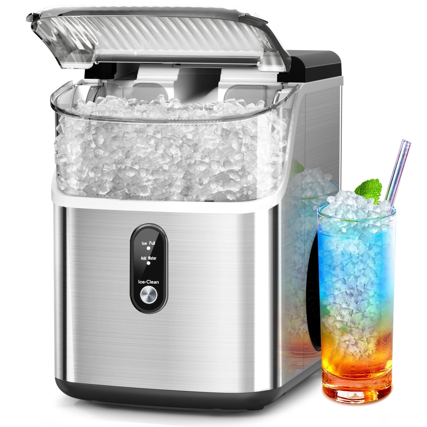Auseo Nugget Ice Makers Countertop,Portable Ice Machine with Soft Ice , 35lbs/24h,Auto-Cleaning,One-Click Operation for Home Use,Silver