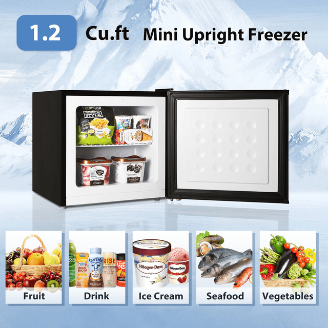 Auseo 1.2 Cu.ft Upright Compact Freezer, Mini Freezer with Handle, Reversible Single Door, Energy Saving & Adjustable Temperature & Quiet Operation for Dorm/Home/Office/Apt-Black