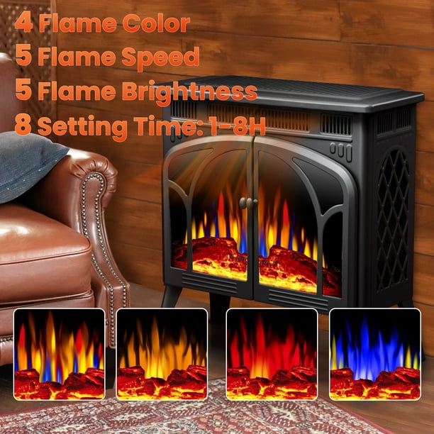 Auseo Electric Fireplace Heater 25’’ with 3D Realistic Flame Effect, Freestanding Fireplace with Remote Control, Timer, Different Flame Color,2 Heating Modes 500W/1500W