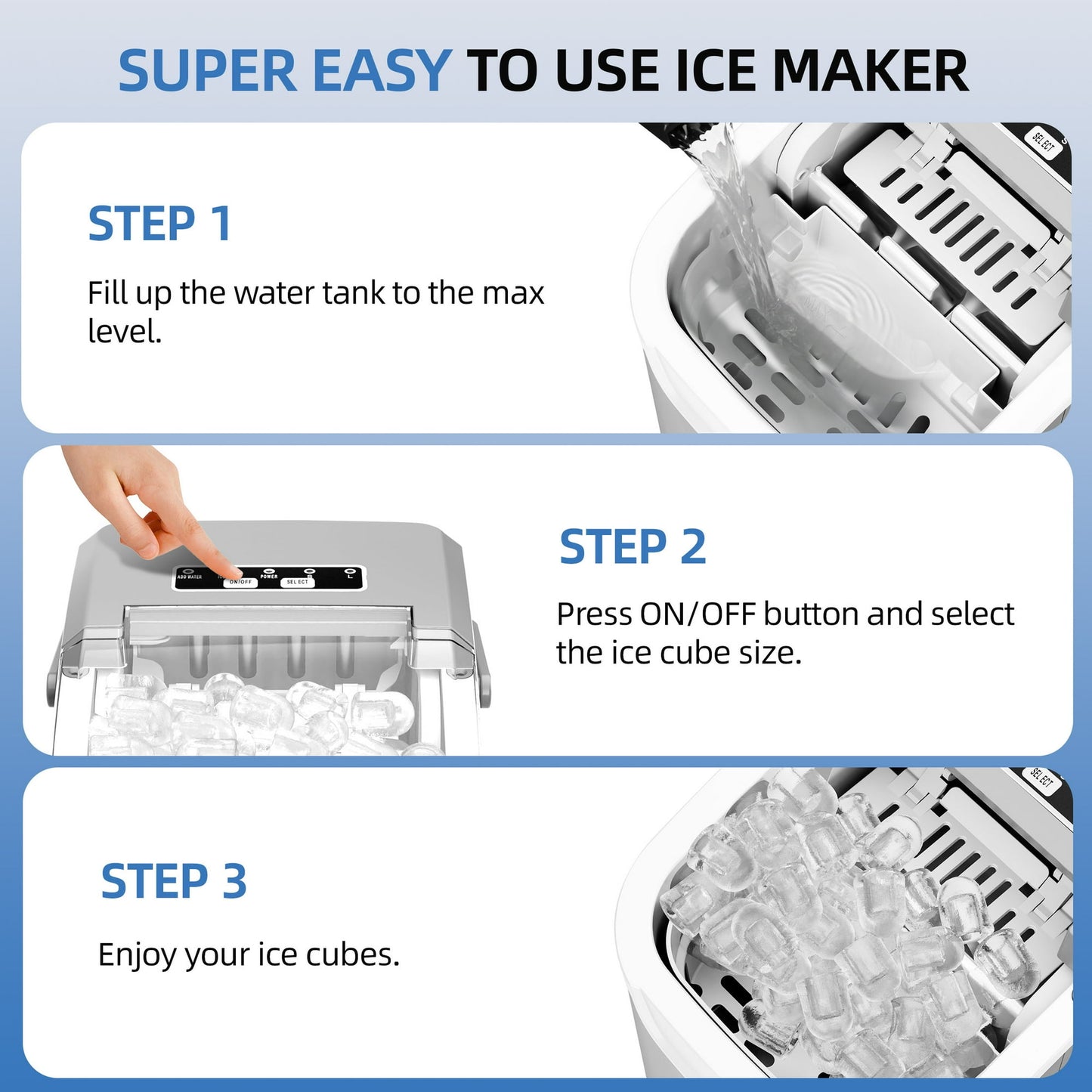 Auseo Countertop Ice Maker, 2 Sizes of Bullet Ice, 26Lbs/24H, 8 Ice Cubes in 6 Mins, Portable Ice Machine with Self-Cleaning for Home/Party/Travel/Camping (Grey)