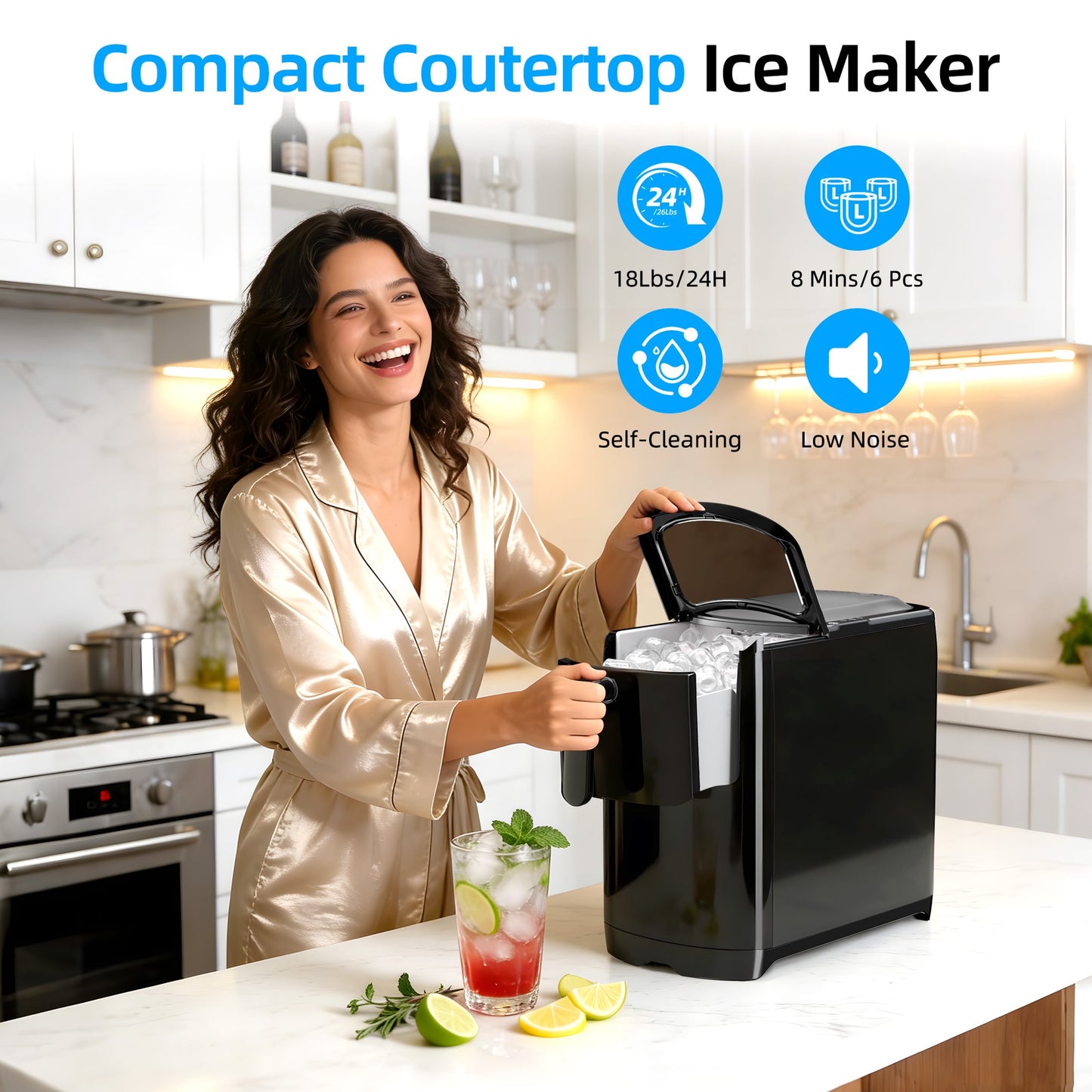 Auseo Portable Ice Maker Countertop, 18lbs/24H,  6Pcs/6Mins, Self-Cleaning, for Home/Office/Party, Black