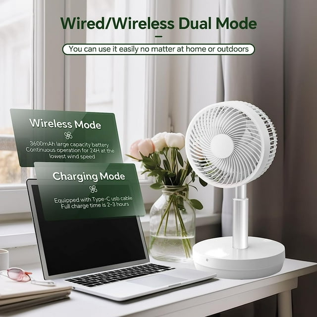 Auseo Pedestal portable Fan Oscillating, 2-in-1 Standing Fan with Remote Control, USB Rechargeable, 10 Speeds, 7.5H Timer, Quiet Stand Floor Fan for Dorm, Bedroom, Outdoor use（White）