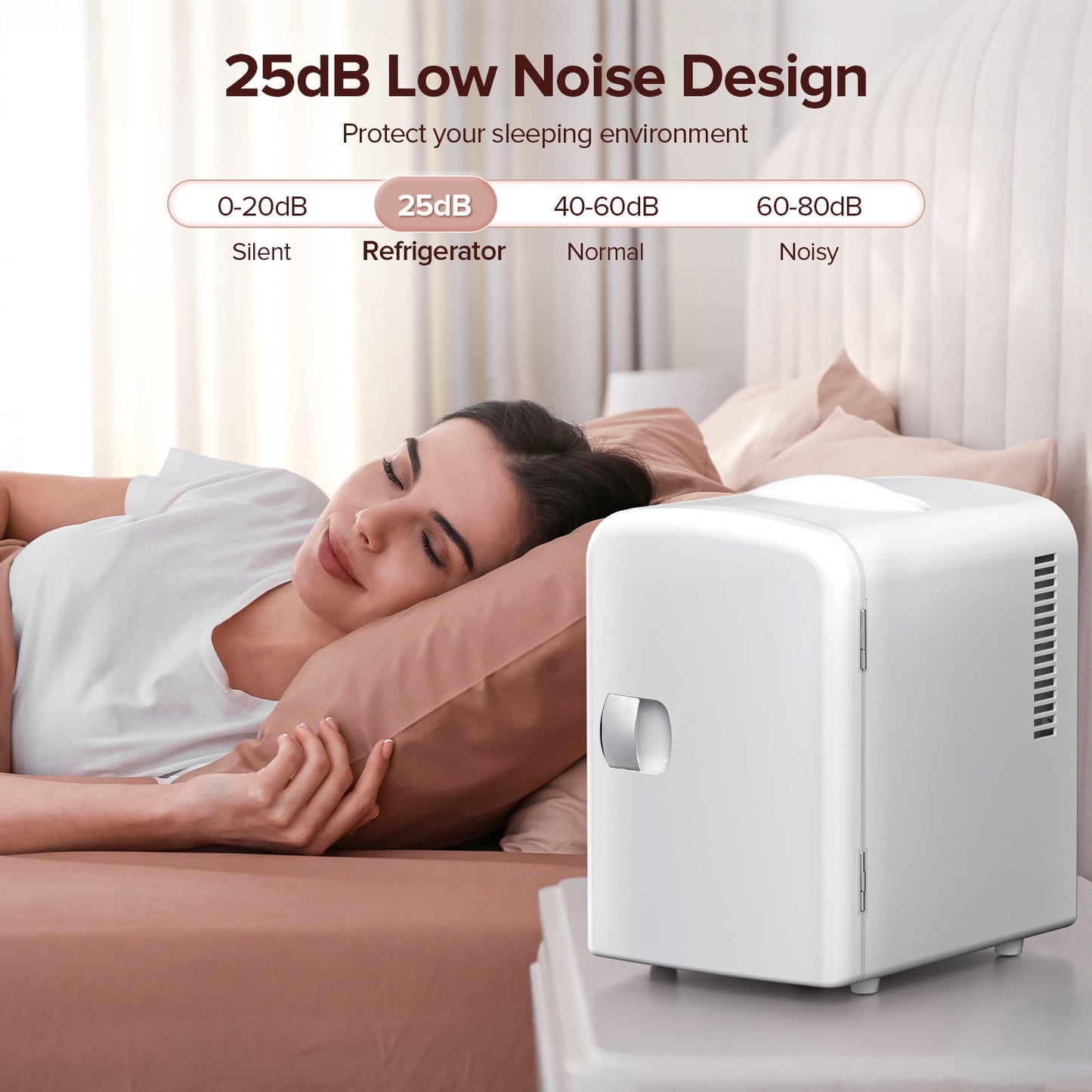 Auseo Mini Portable Fridge Personal, Countertop, 4L/6 Cans, Cooler Small Refrigerator, AC/DC, Option for Skincare, Makeup, Drinks, Dorm Room, White