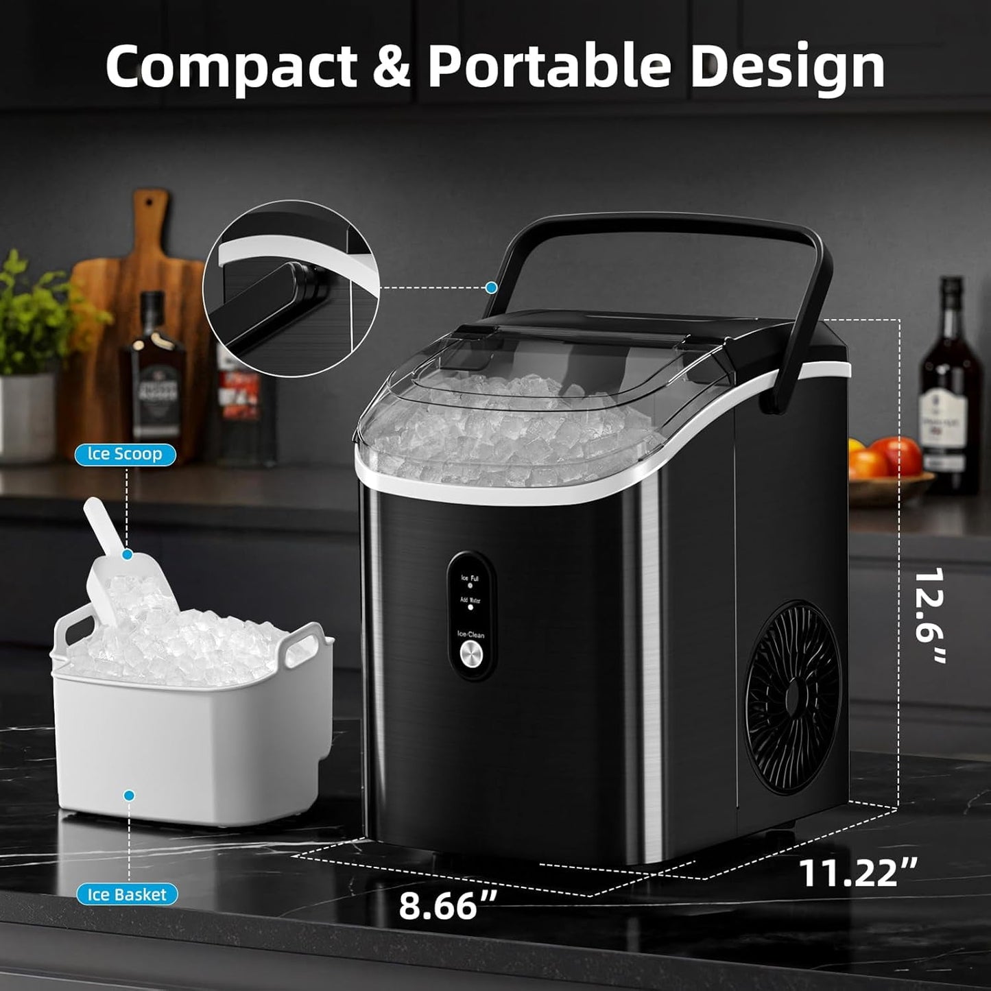 Auseo Nugget Ice Maker Countertop, Ready in 6 Mins ,35Lbs Each day with Self-Cleaning,Portable Sonic Ice Machine for Home/Office/Bar, Black
