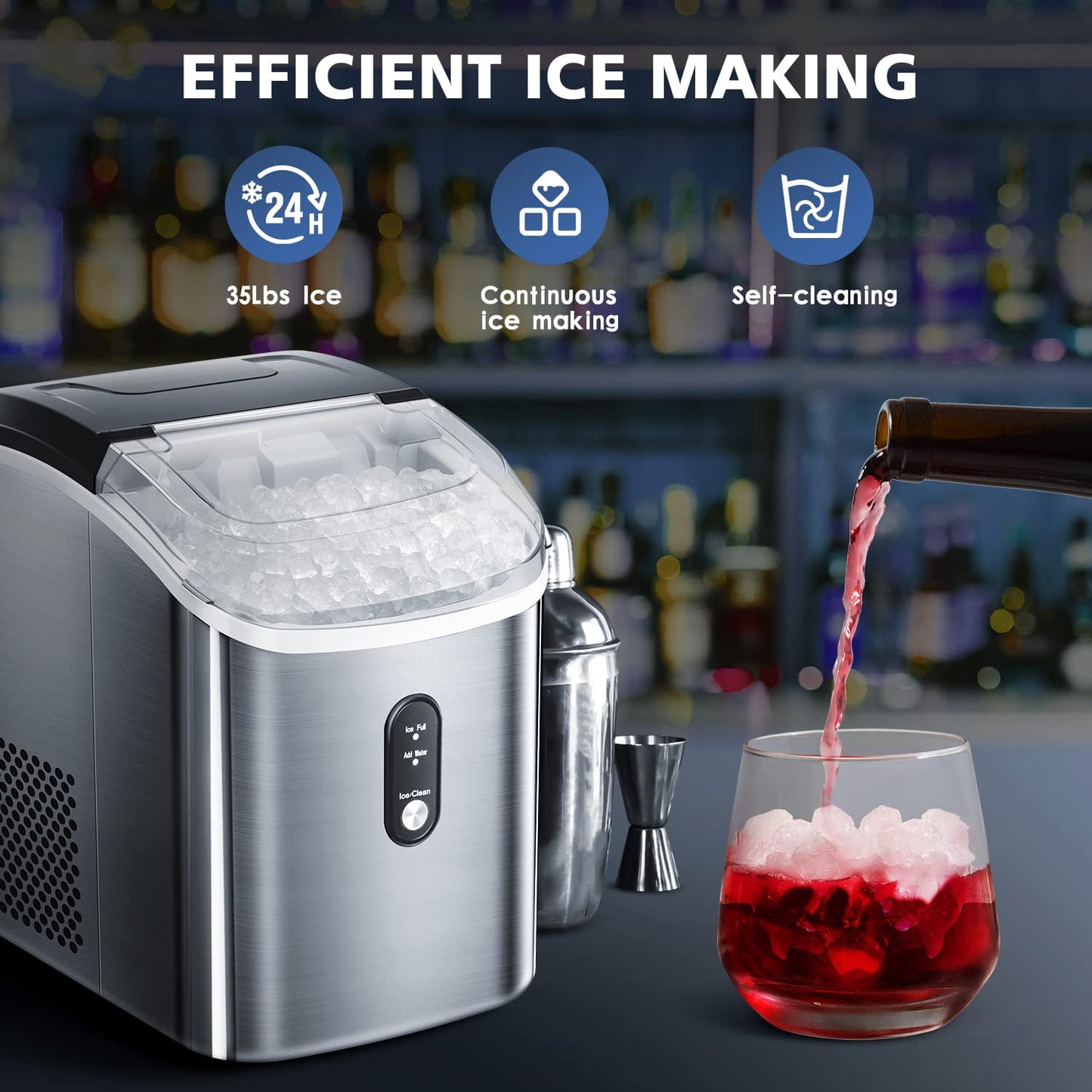 Auseo Ice Makers Countertop, Crushed Ice Maker with 35Lbs/24H,Soft Chewable Ice, Pebble Ice Maker with Self-Cleaning, Ice Scoop and Ice Basket,for Home,Office,Kitchen,Stainless Steel (Silver)