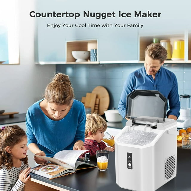 Auseo Nugget Ice Maker Countertop with Soft Chewable Pellet Ice, Portable Ice Machine with Handle, 34lbs/24H, for Kitchen/Office/Party (White)