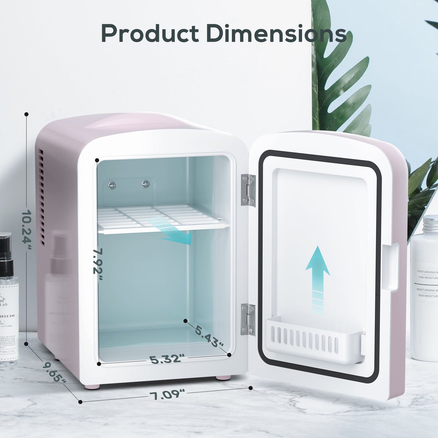 Auseo Mini Personal Fridge Cooler, LED Lighted Mirror, 4L Capacity Portable, Makeup and Skincare - AC/DC Refrigerator, Car, Office Desk & Dorm - Chills 6 Cans, Pink