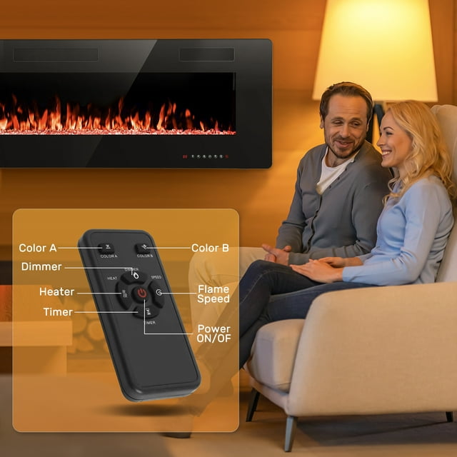 Auseo 68 inch Embedded Wall Mounted Indoor Electric Fireplace, Ultra-thin Low Noise Lightweight LED Fireplace Heater, Touch Screen, Timer, 1500W, Adjustable Flame Color and Speed, Black