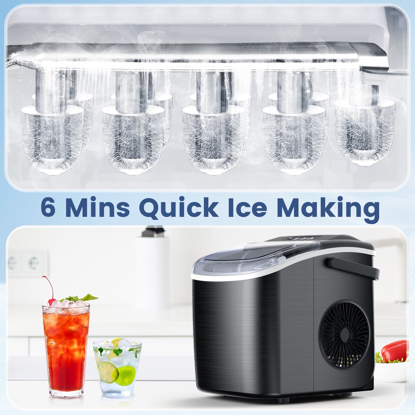 Auseo Stainless Steel Countertop Ice Maker, 9 Bullet-Shaped Ice Cubes Ready in 6 Mins, 26Lbs/24H with Scoop & Basket & Handle, Black