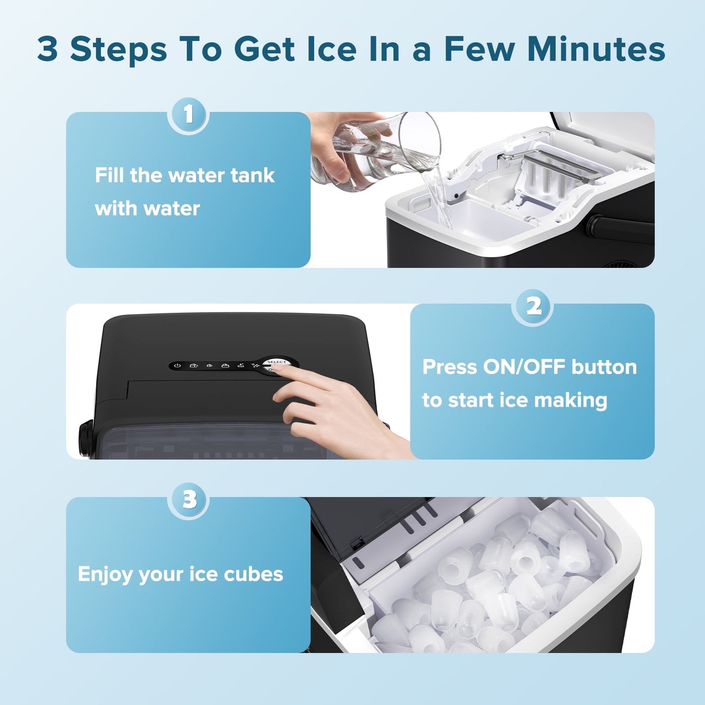 Auseo Countertop Ice Maker, Self-cleaning Portable Ice Maker Machine with Handle and Ice Scoop, Bullet Ice Cubes, 9Pcs/8Min 26Lbs/24H for Home/Office/Bar/Party (Black)