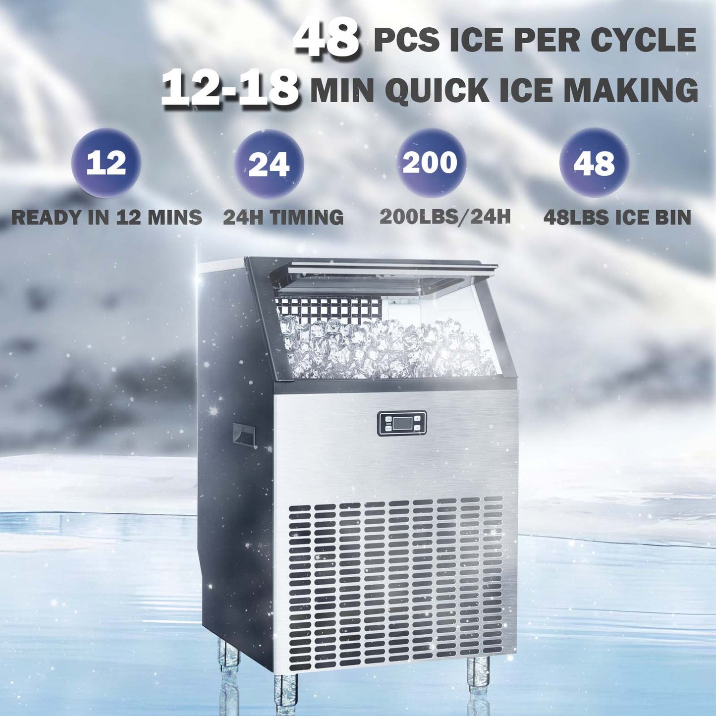 Auseo Commercial Ice Maker Machine, Under Counter/Freestanding Ice Maker, 200LBS/Day, 48 Cubes/12-18 Mins, Self-Cleaning, LCD Display, Timing, LCD Display for Restaurant/Bar/Cafe/Party