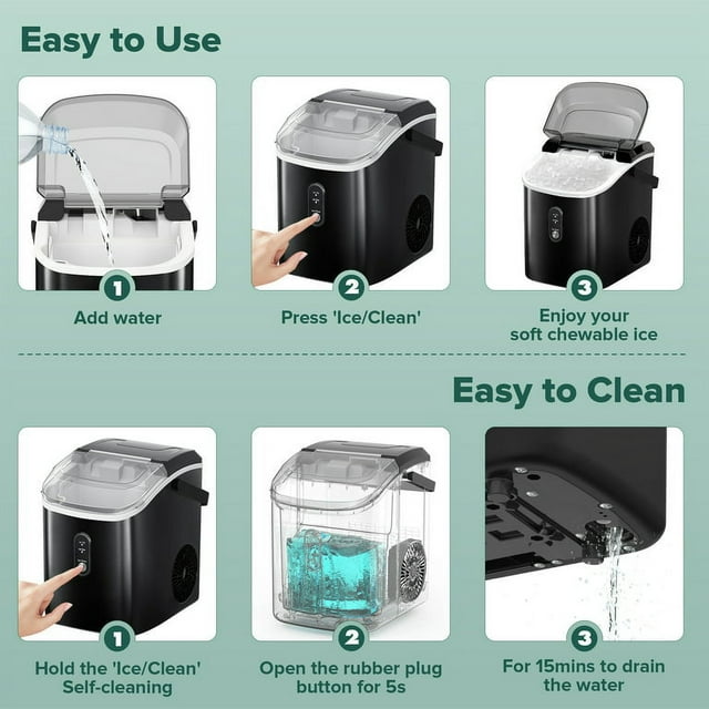 Auseo Portable Nugget Ice Maker Countertop, Self-Cleaning Function, 33lbs/24H, for Home/Office/Party Stainless Steel--Black