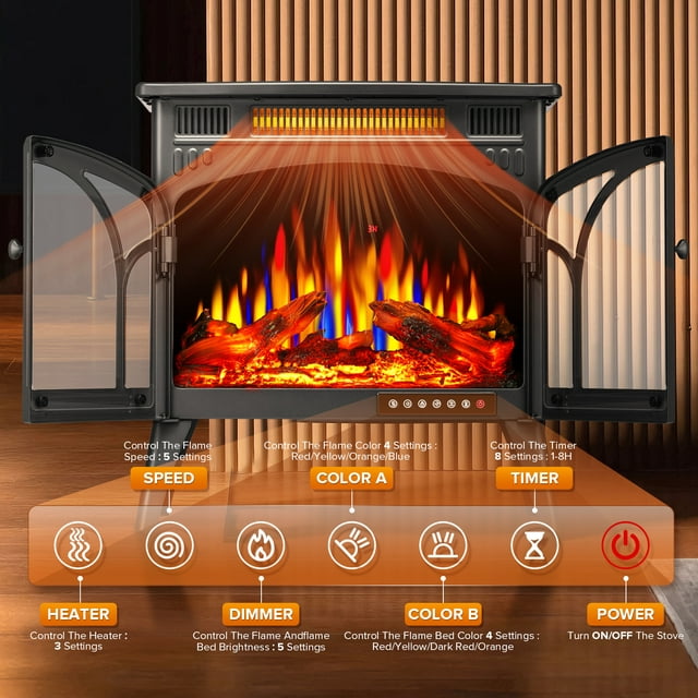 Auseo Electric Fireplace Heater 25", All-metal Frame Freestanding Stove, 3D Flame, Remote Control, 500W/1500W, Black