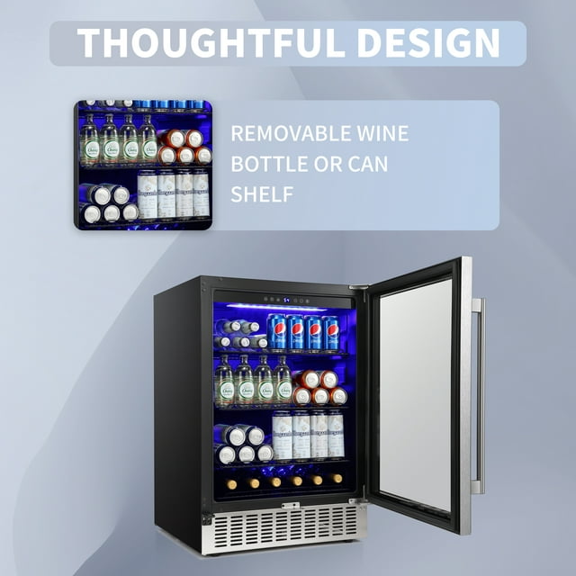 Auseo 24 inch Beverage Refrigerator, Built-in Wine Cooler, Clear Glass Door, Digital Memory Temperature Control, Beer Soda LED Light& Quiet Operation