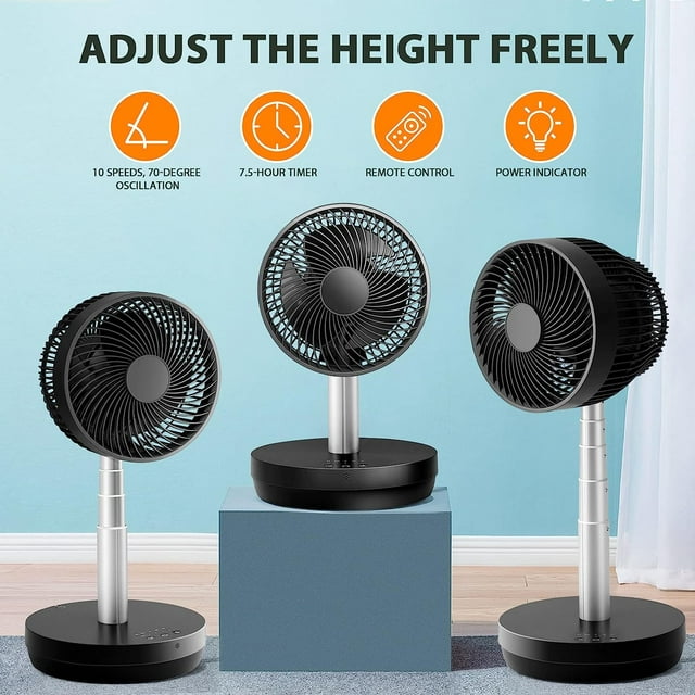 Auseo Portable Foldable Pedestal Fan- Rechargeable Battery Folding Standing Table Fan with 10 Speeds with Remote Control