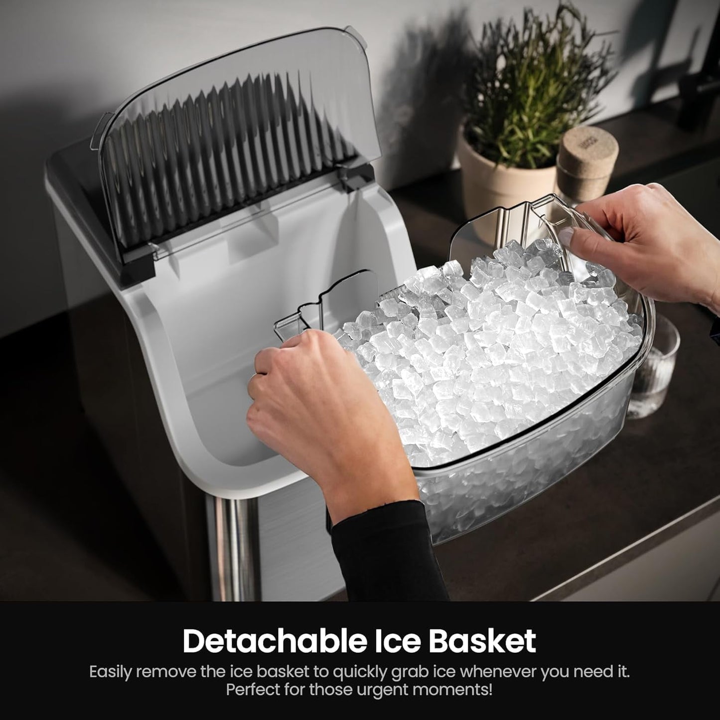 Auseo Nugget Ice Makers Countertop,Portable Ice Machine with Soft Ice , 35lbs/24h,Auto-Cleaning,One-Click Operation for Home Use,Silver