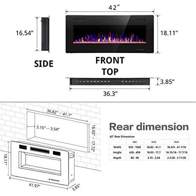 Auseo 42 inch Recessed and Wall Mounted Fireplace, Low Noise, Fit for 2 x 6 and 2 x 4 Stud, Remote Control with Timer, Touch Screen, Adjustable Flame Speed