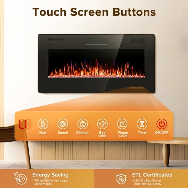 Auseo 36 inch Recessed and Wall Mounted Electric Fireplace, Ultra Thin ad Low Noise, Fit for 2 x 4 and 2 x 6 Stud, Remote Control with Timer, Touch Screen, Adjustable Flame Color and Speed