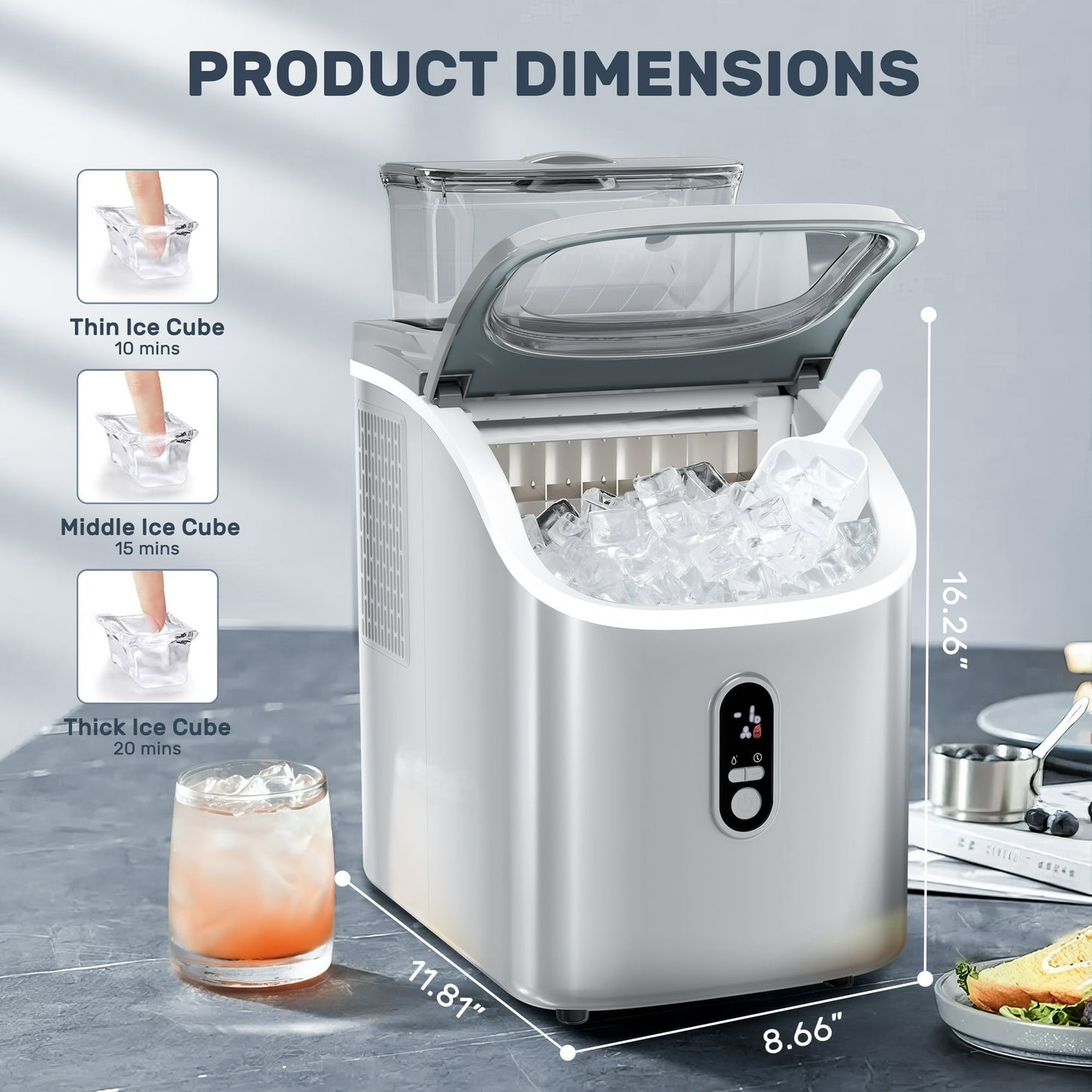 Auseo Ice Maker with 1.5L Detachable Water Tank, Cube Ice, Self-Cleaning and Timing Function, Party/Kitchen/Office, Gray