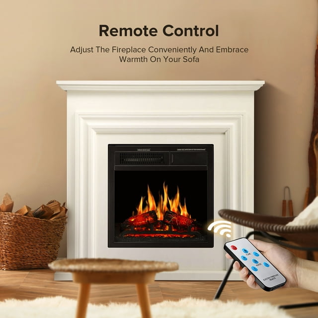 Auseo Electric Fireplace Mantel Wooden Surround Firebox, Free Standing Fireplace, with Remote Control, Adjustable LED Flame, 750W/1500W -（White）